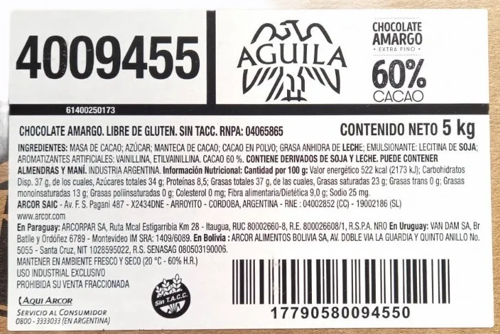 Chocolate Aguila 60% Cacao 5k Sin Tacc - Imagen 4