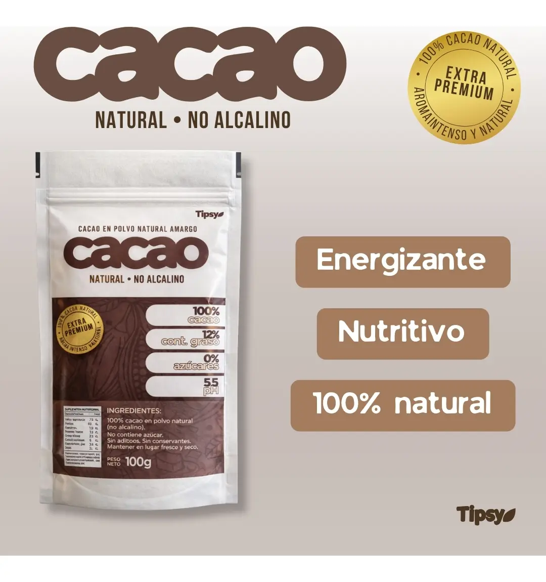 Cacao No Alcalino Natural Amargo 100% Puro 100Gr - Imagen 2