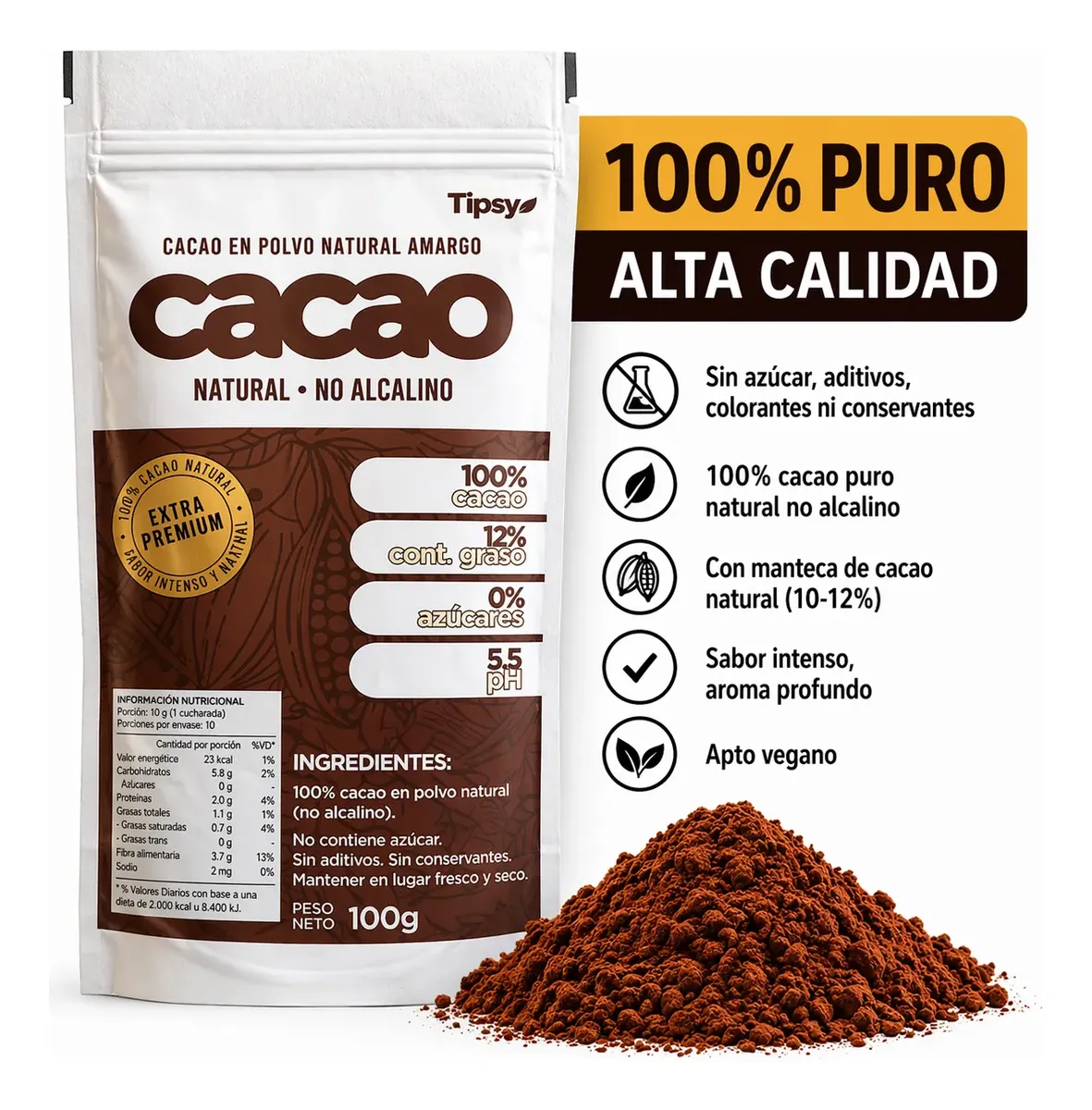 Cacao No Alcalino Natural Amargo 100% Puro 100Gr
